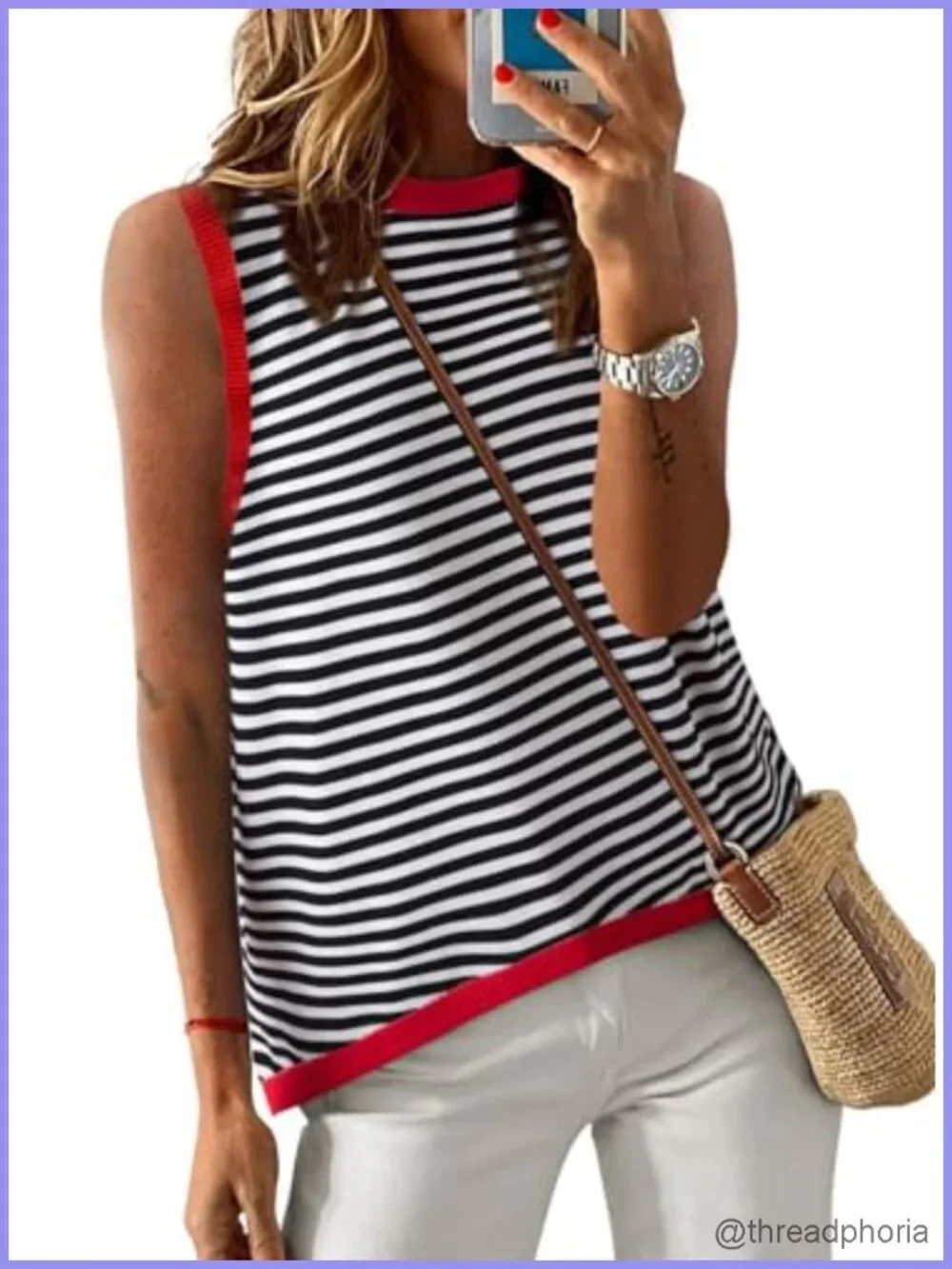 Striped Color Block High Neck Tank Top Loose High Low Sleeveless Blouse